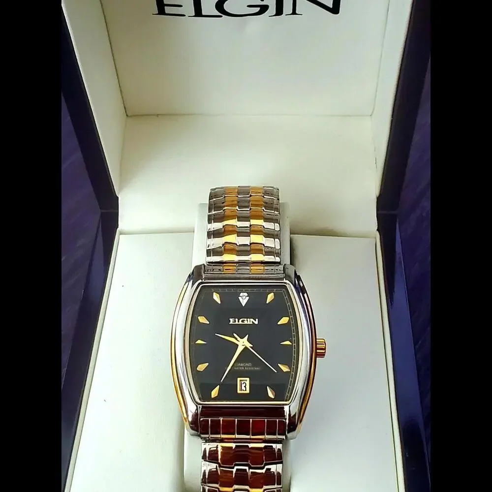 Rare Elgin Lord Diamond Dial Barrel Dress Watch Box Papers‎
